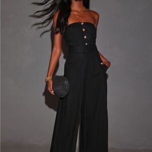 Vici Black Strapless Wide-Leg Jumpsuit with Belted Waist